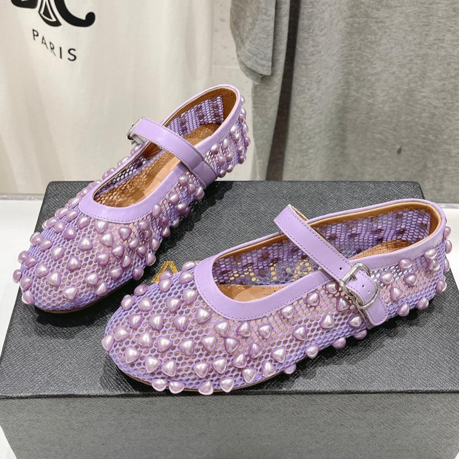 ALAIA PEARL MARY JANE SHOES IN LAVENDER PURPLE MESH AND CALFSKIN