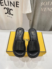 FENDI FFOLD MEDIUM-HEEL SANDALS 45 MM IN BLACK COTTON FIBRE