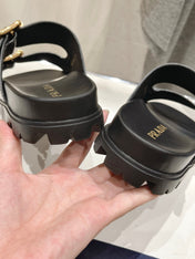 PRA CROCODILE MOTIF STRAP SLIDES SANDALS BLACK CALFSKIN