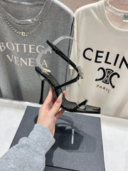 HIGH HEEL SANDALS IN BLACK GLOSSY CALFSKIN WTH STRAPS ATTACHED GEM