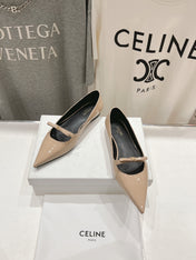 SUZY POINTY TOE BALLERINA IN TAN BEIGE PATENT CALFSKIN