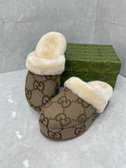 GG MULE IN PEANUT BROWN MONOGRAM JACQUARD FABRIC AND RABBIT FUR LINING