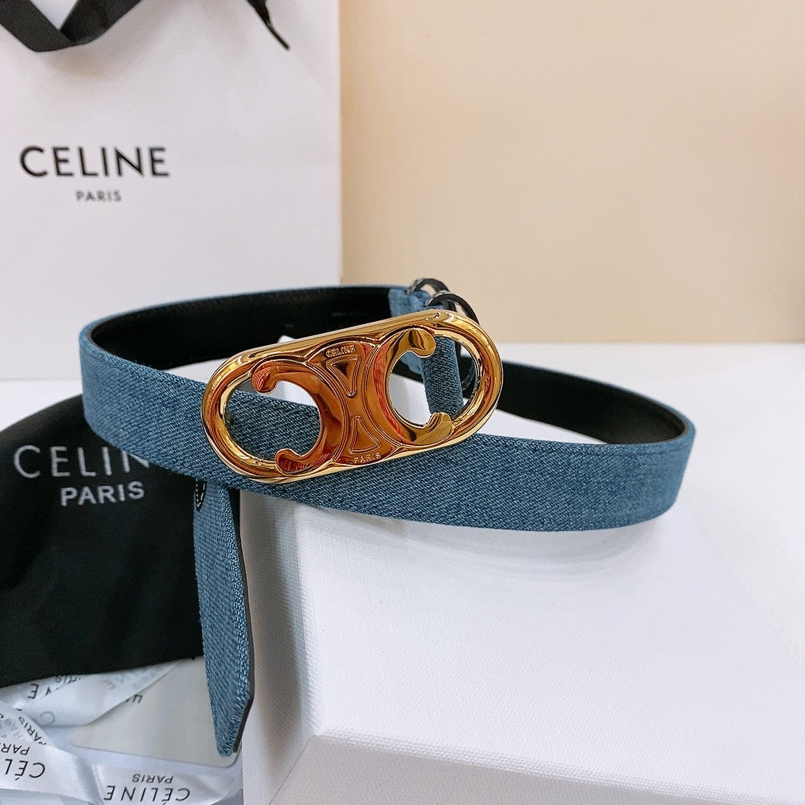 CELINE 25S BELT TRIOMPHE TAURILLON 25MM IN BLACK CALFSKIN AND DENIM 558347