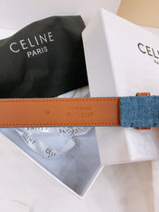 CELINE 25S BELT TRIOMPHE TAURILLON 25MM IN BROWN CALFSKIN AND DENIM 558350
