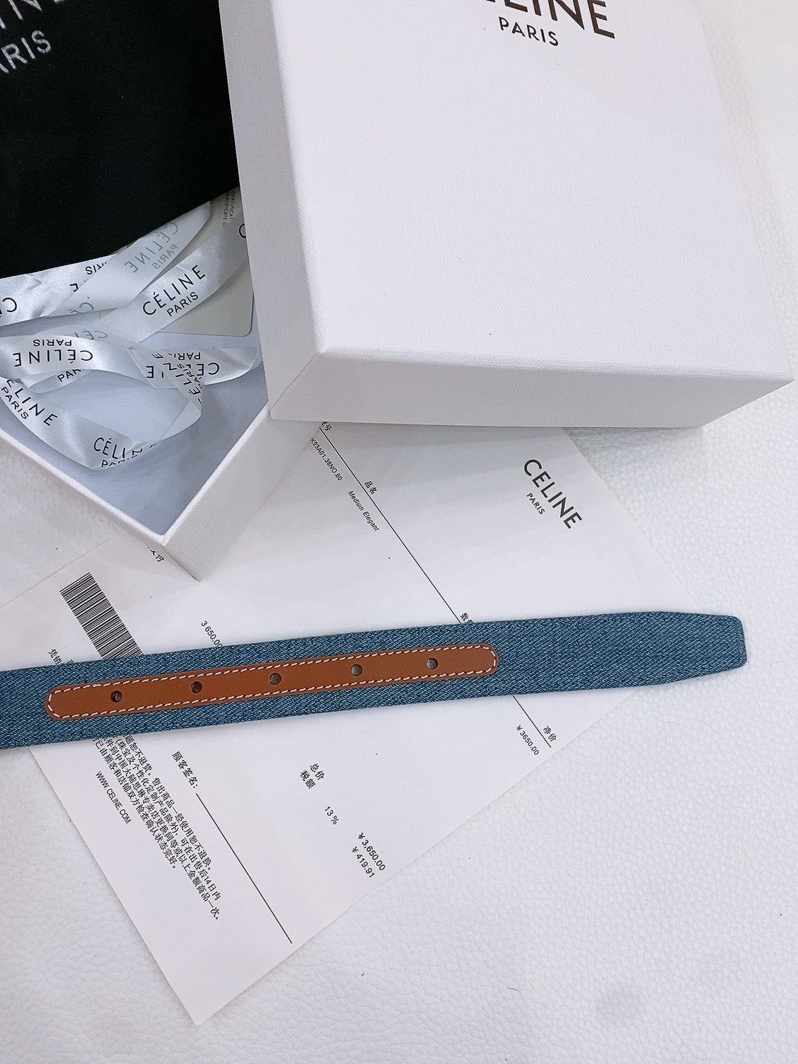 CELINE 25S BELT TRIOMPHE TAURILLON 25MM IN BROWN CALFSKIN AND DENIM 558350