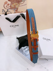 CELINE 25S BELT TRIOMPHE TAURILLON 25MM IN BROWN CALFSKIN AND DENIM 558356