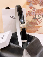 CELINE 25S BELT 25MM REVERSIBLE TRIOMPHE IN BLACK WHITE CALFSKIN 565542