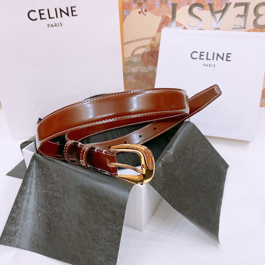 CELINE 25S BELT 25MM WITH ARC DE TRIOMPHE BUCKLE IN BURNT UMBER 571501