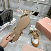 MIUMIU 26S LACE UP SNEAKERS IN BROWN SUEDE WHITE FABRIC CHARM DETAIL