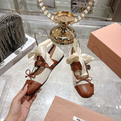 MIUMIU 26S SLINGBACK BALLET FLATS IN BROWN CALFSKIN AND BEIGE CANVAS RIBBON