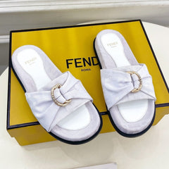 FENDI FLAT SLIPPER IN WHITE JACQUARD FABRIC WITH GOLD HARDWARE