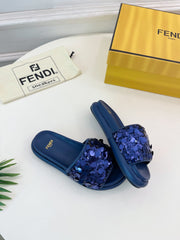 FENDI THICK SOLE 3 CM SEQUIN SLIPPER NAVY BLUE