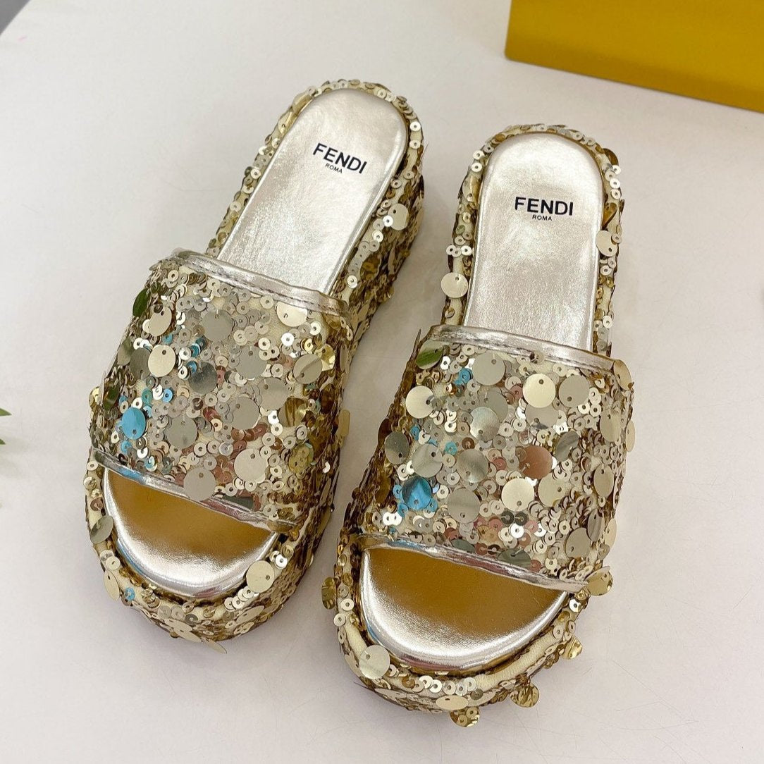FENDI THICK SOLE 6 CM SEQUIN SLIPPER GOLD