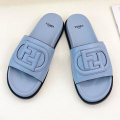 FENDI LOGO SLIDES IN BLUE POWDER CALFSKIN