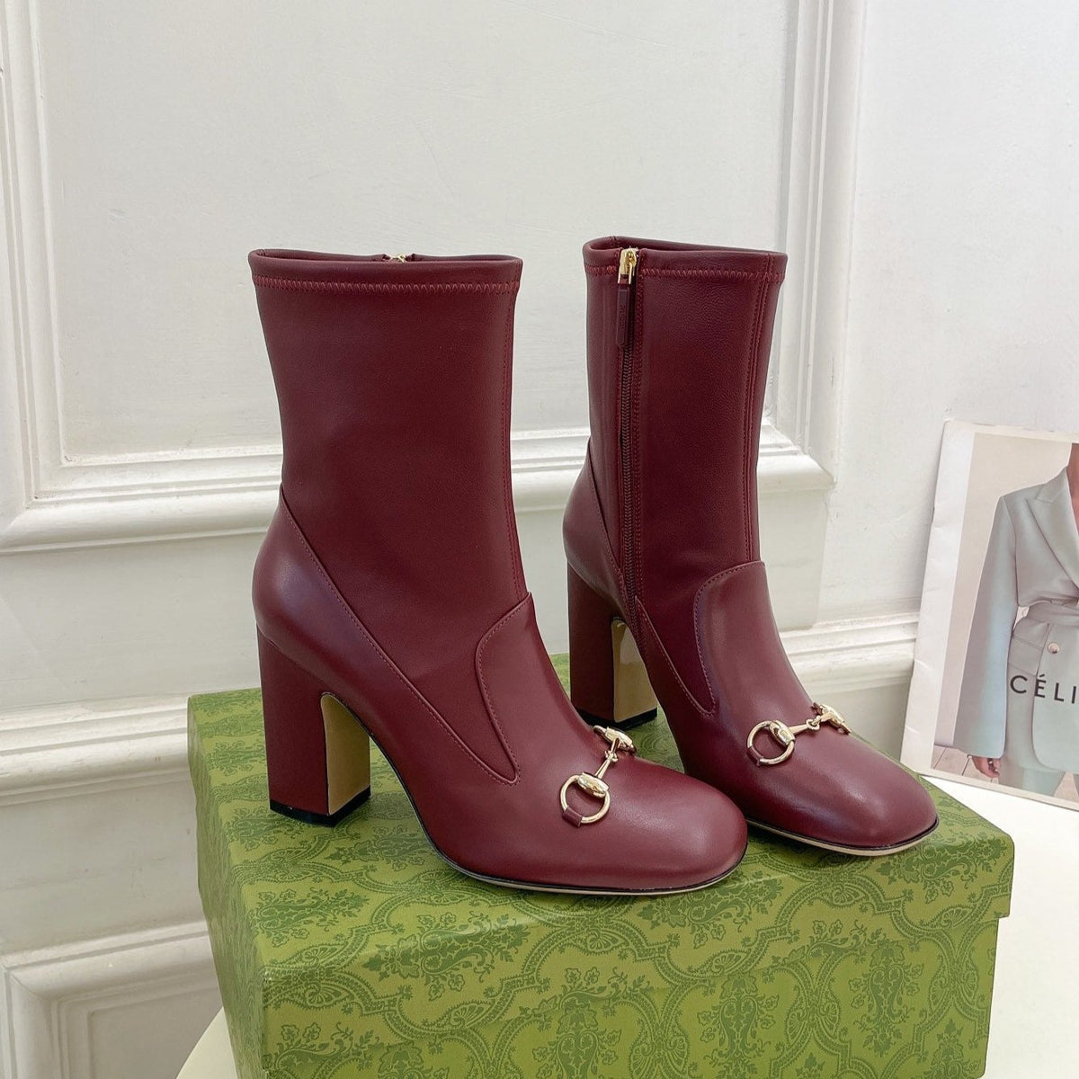 HORSEBIT ANKLE BOOTS 9.5CM IN BURGUNDY RED SHEEPSKIN