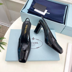 SQUARE TOE SLINGBACK PUMPS IN BLACK GLOSSY CALFSKIN