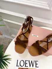 MIUMIU 26S LACE-UP SANDALS IN DARK BROWN SUEDE