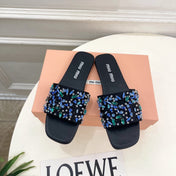 MIUMIU 26S SLIDES IN BLACK SATIN CRYSTAL EMBELLISHED