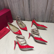 ROCKSTUD CAGED HIGH PUMP IN CHERRY RED MIX LIGHT PINK PATENT CALFSKIN 100 MM