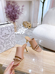 ROCKSTUD TOWER-HEEL MULES IN BRONZE BROWN CALFSKIN 7 CM