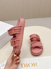 DIOR CLASSIC DOUBLE-STRAP SLIDES 25S IN PEACHY PINK DENIM AND CALFSKIN